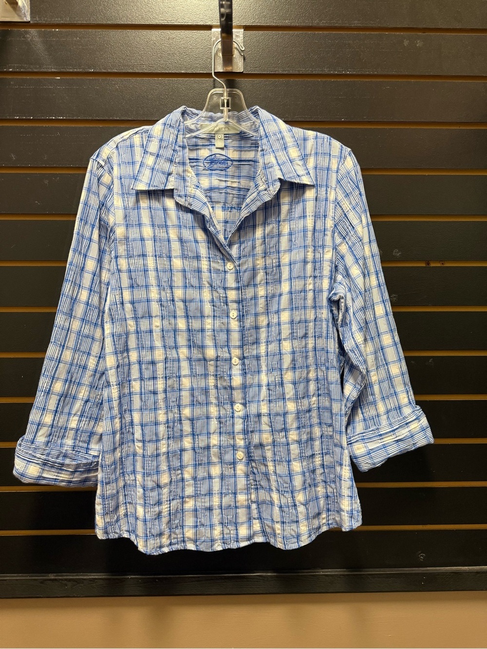 Foxcroft Fitted Blue White Plaid Roll Tab Button Front Shirt 16